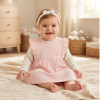 N14756: Baby Girls Waffle Fabric Pinafore, Top & Headband Outfit (0-9 Months)
